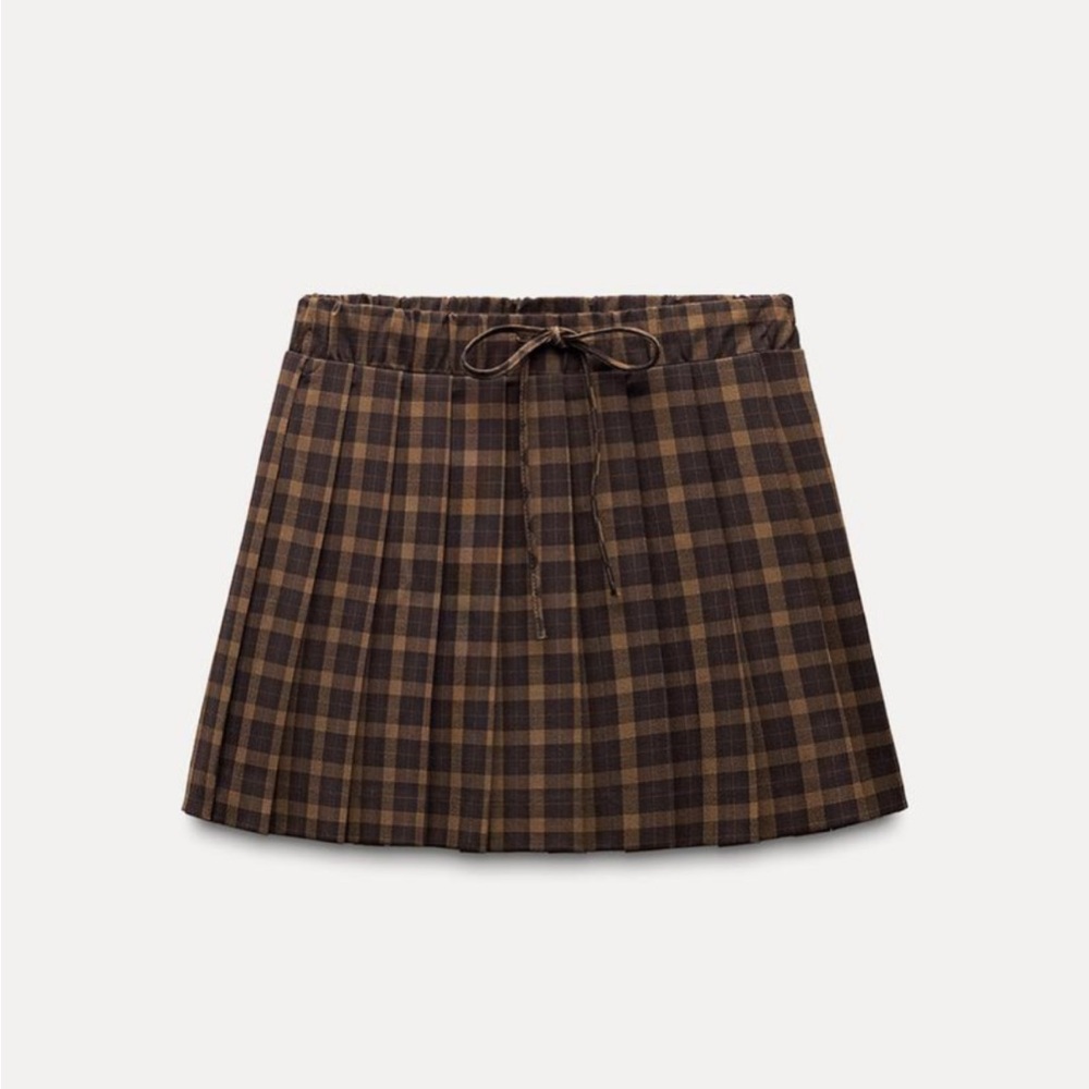 ZARA Brown Check Print Pleated Mini Skirt Size Large NWT 2180-503-716